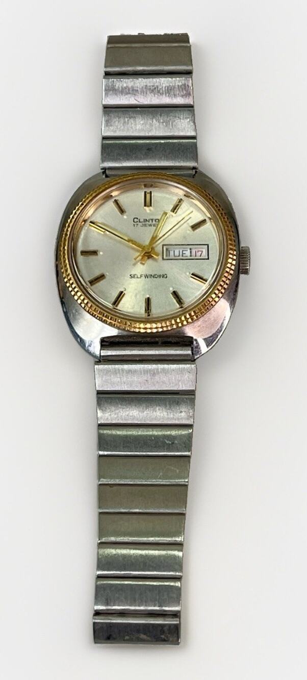 VTG Clinton Automatic 17 Jewel Day Date Silver Dial Two Tone Cushion Watch